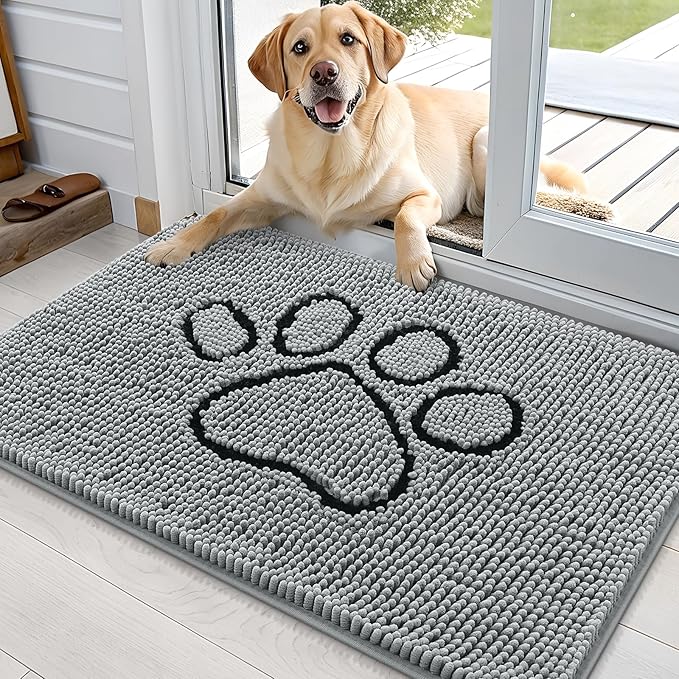 OLANLY Dog Door Mat for Muddy Paws 35x24, Paw Print Design, Absorbs Moisture and Dirt, Absorbent Non-Slip Washable Doormat, Quick Dry Chenille Mud Mat for Dogs, Entry Indoor Entryway Carpet, Grey