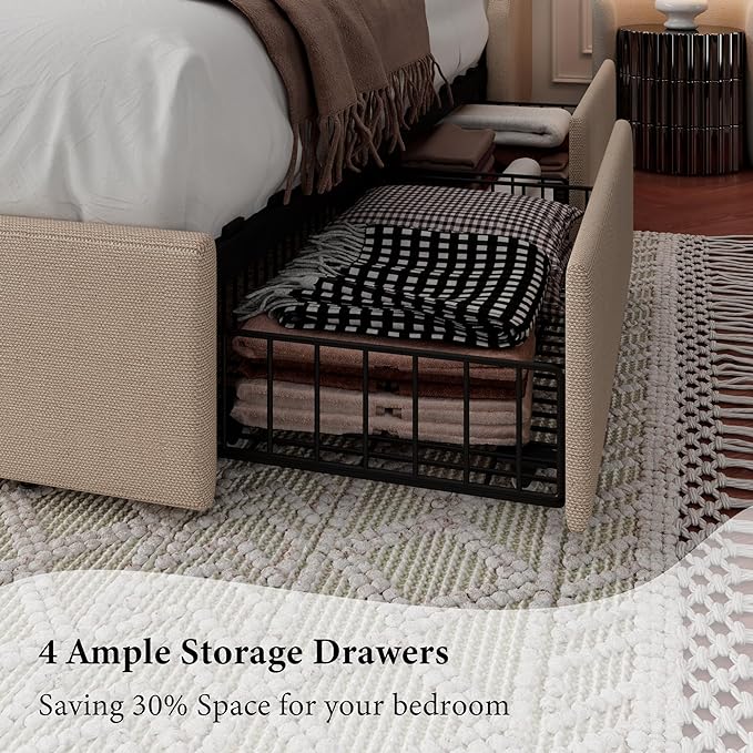 iPormis King Bed Frame with 4 Storage Drawers, Upholstered Platform Bed Frame with Type-C & USB Ports, Wingback Storage Headboard, Solid Wood Slats, No Box Spring Needed, Beige