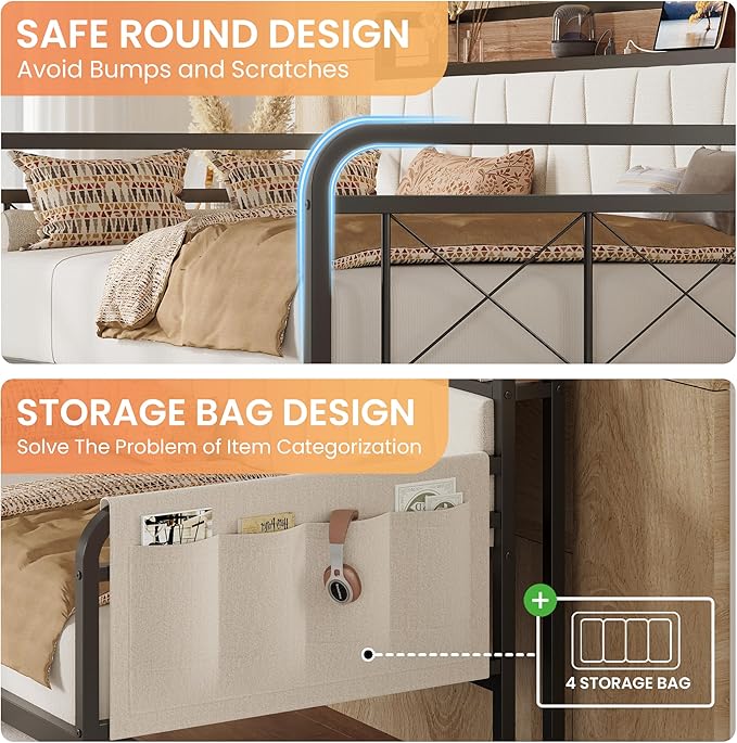 LIKIMIO Daybed with Trundle Bed, Twin XL Bed Frame with Storage Headboard and Charging Station, Sofa Day Bed with Strong Supports for Living Room, Bedroom, and Guest Room, Beige