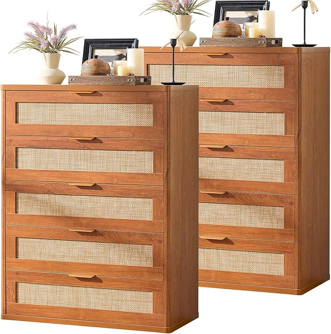 LEYAOYAO Rattan Dresser for Bedroom Set 2, 41" Tall Chest of Drawers, Modern 5 Drawers Boho Dressers with Storage, Light Oak Dresser Wooden Closet Organizer for Living Room, Hallway, Tea Brown