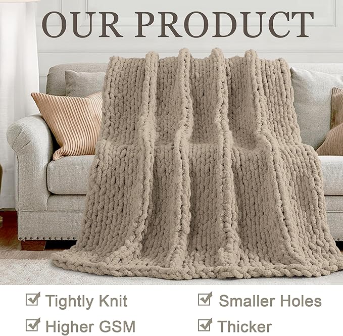 Chunky Knit Throw Blanket 50"X 60", 100% Handmade with Soft Chenille Yarn, 4.4lbs Thick Cable Knitted Blankets, Large Rope Knot Crochet Throws for Couch Sofa Bed Home Decor, Taupe