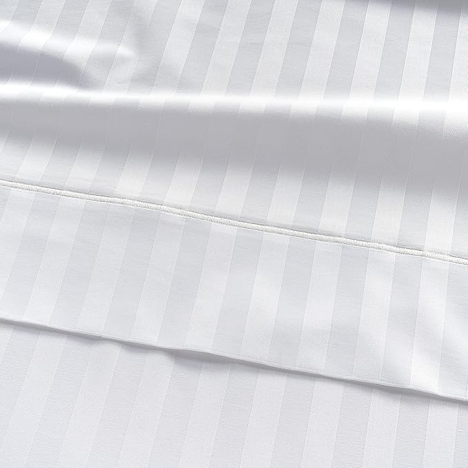 Lane Linen White Queen Sheet Set - 100% Cotton Striped Sheets for Queen Size Bed, Satin Soft Luxury Striped Sheets Queen Size, Deep Pocket Fitted Sheets - 4 PC Bedding Sheets & Pillowcases Set - White
