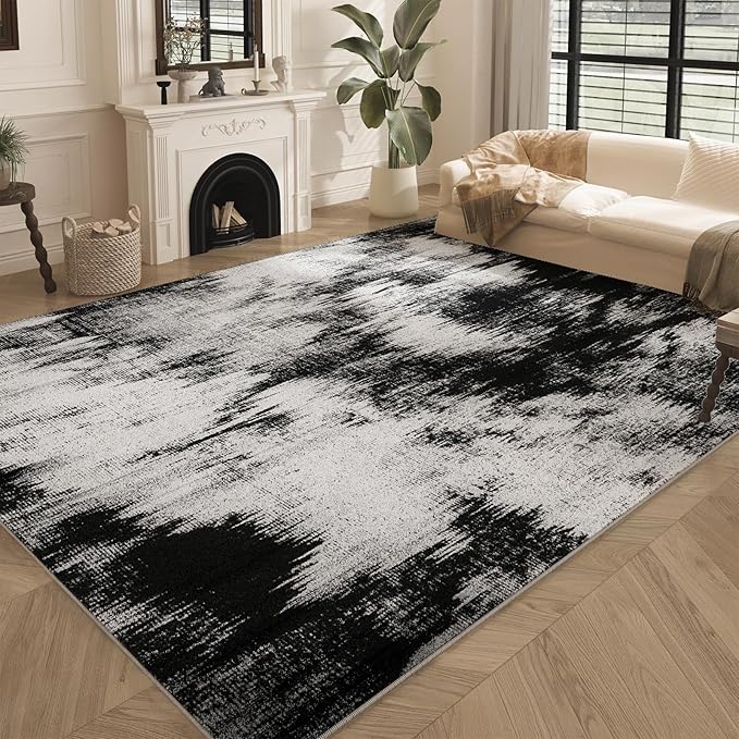 Area Rugs 8x10, Modern Abstract Machine Washable Rugs for Living Room Thin Carpet Indoor Floor Non-Shedding Carpets for Bedroom Dining Room Farmhouse Home Office | Black White