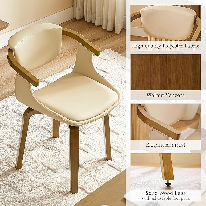 Art Leon Dining Room Chairs - Mid Century Modern Faux Leather Swivel Dining Chairs with Arms, Desk Chairs No Wheels, Set of 2, Cream