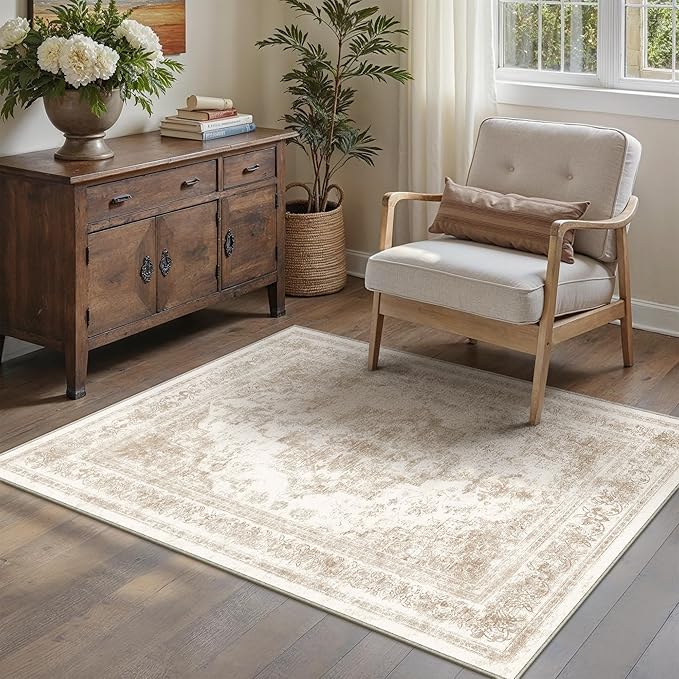 Area Rug 4x6 Cream Washable Office Entryway Vintage Medallion Beige Carpet Non Slip Retro Indoor Mat Low Pile Soft Distressed Small Rug for Bedroom Kitchen Laundry Dining Room