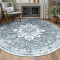 Area Rugs 5ft Washable Non-Slip, Floral Vintage Distress Print Pattern Medallion Carpet for Living Room Bedroom Dining Room, Light Gray Grey White