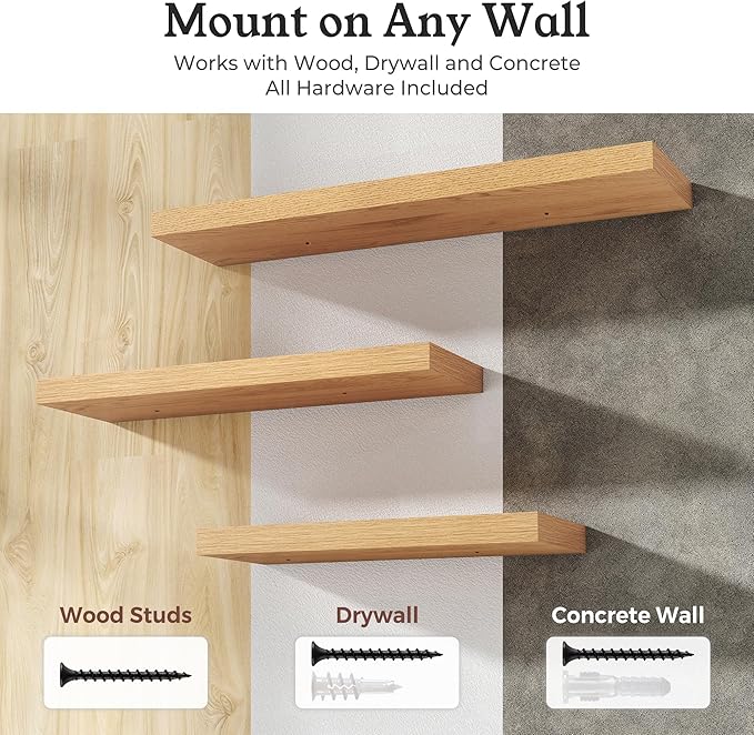 Floating Shelves for Wall, 9.3" Deep Wall Mounted Wood Shelves for Bathroom, Bedroom, Living Room, Kitchen, Hanging Shelf for Books/Storage/Room Decor (Oak, 40")