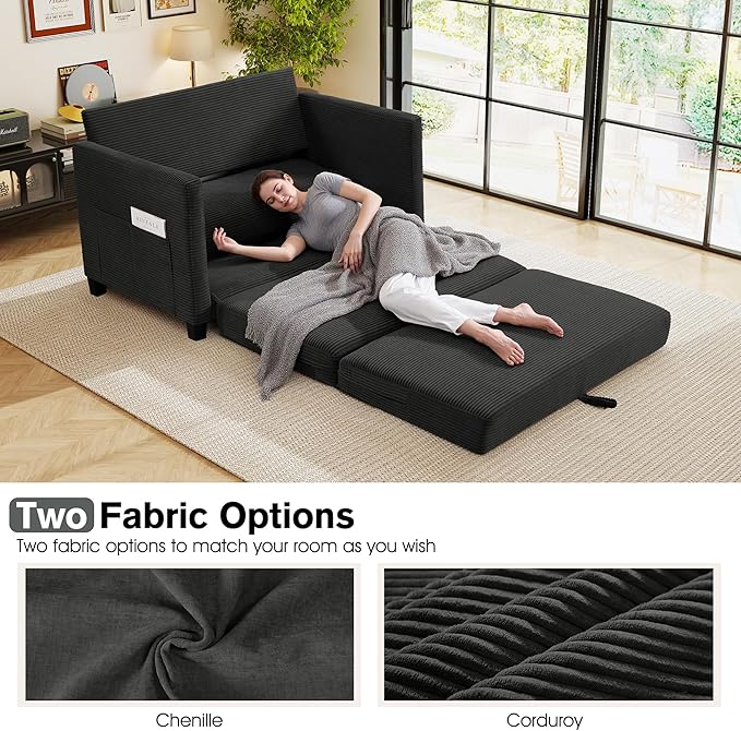 51" Loveseat Sleeper Sofa Bed, Corduroy Convertible Floor Sofa Bed for Small Spaces, Folding Couch Bed with Deep Seat, 2 Pillows & Solid Frame, Pull Out Floor Couch for Living Room, Black