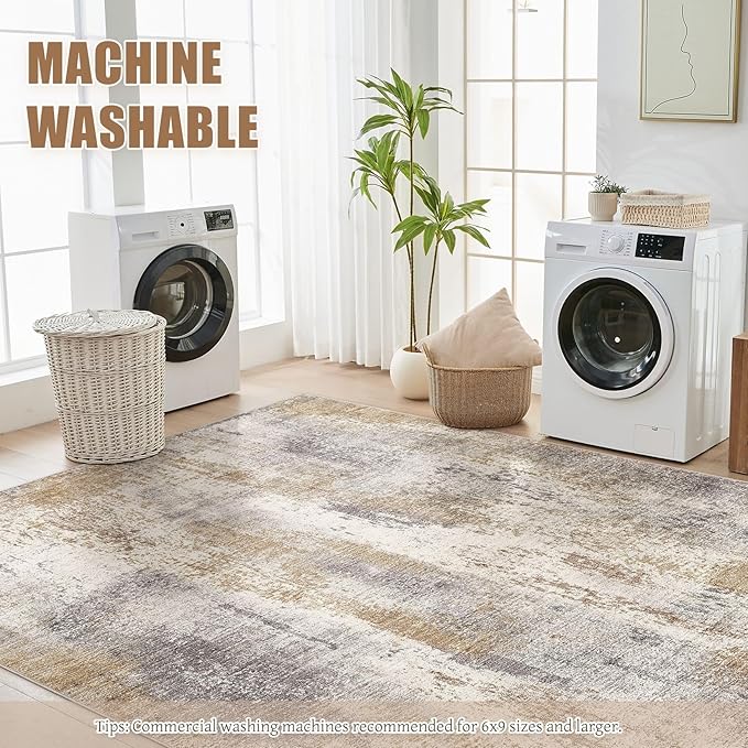 Area Rug Living Room Rugs - 5x7 Washable Soft Indoor Neutral Modern Abstract Low Pile Rug Carpet for Bedroom Dining Room Farmhouse Home Office - Brown Grey