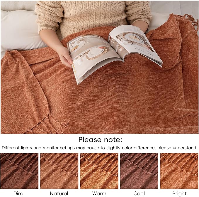 BATTILO HOME Fall Caramel Throw Blanket for Couch, Bed, Sofa - Soft Cozy Rust Orange Chenille Throw with Fringe Tassels, Lightweight Fall Knit Throw for Fall Decor, 50"x60"