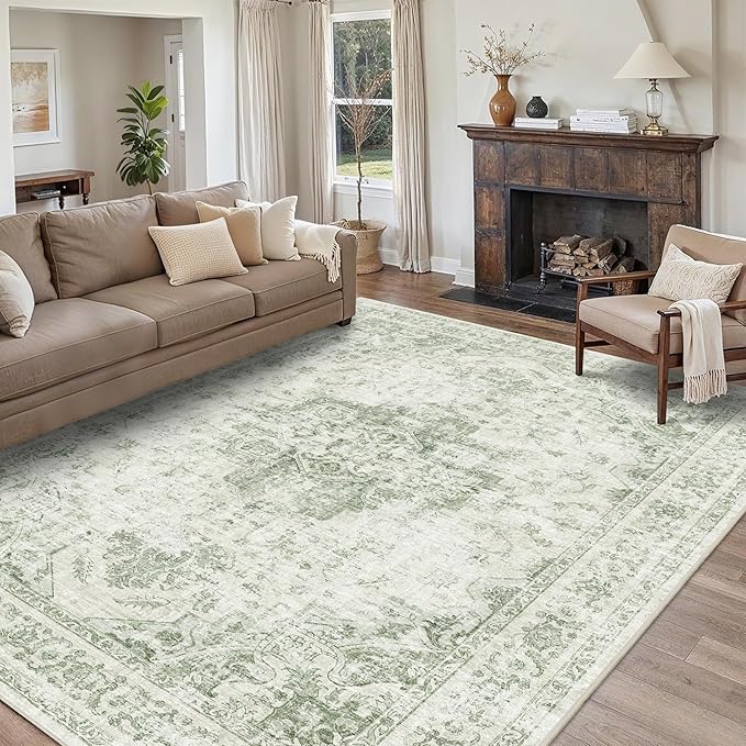 9x12 Vintage Washable Area Rugs Boho Medallion Large Distressed Retro Accent Carpet Floral Non-Slip Soft Low Pile Indoor Throw Rug for Living Room Bedroom Dining Room Office Kitchen, Green