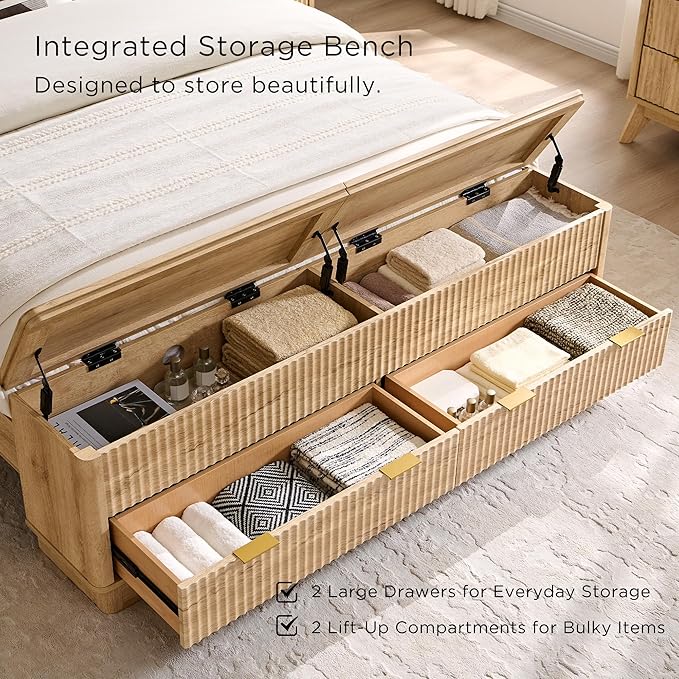 T4TREAM Fluted Queen Size Bed Frame with Wingback Headboard, Footboard Storage Bench with Built-in Drawers & Lift-Up Compartments, Wood & Steel Platform Bed, No Box Spring Needed, Natural Oak
