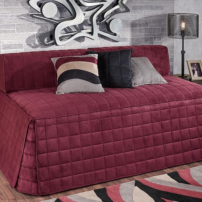 Camden Luxury Bedding | Neutral Claret Color | Fitted Hollywood Daybed Bedding | Faux Suede Box Quilted Design | 5 Piece Set Includes Hollywood Cover, 2 Bolster Shams, and 2 Bolster Pillows