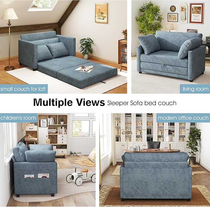 51" Loveseat Sleeper Sofa Bed, Chenille Convertible Floor Sofa Bed for Small Spaces, Folding Couch Bed with Deep Seat, 2 Pillows & Solid Frame, Pull Out Couch for Living Room, Light Blue
