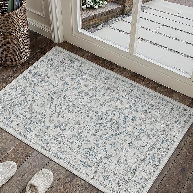 Blue 2x3 Entryway Rug Vintage Area Carpet Indoor Kitchen Washable Door Mat Entrance Small Low Pile Traditional Distressed Retro Accent Throw Rug Non Slip Office Bathroom