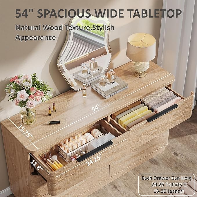 6 Drawer Dresser for Bedroom, 54" Wide Modern Chest of Drawers with Metal Handle, Curved Profile Design, Wooden Oak Dresser Closet Clothes Storage TV Stand for Living Room, Hallway