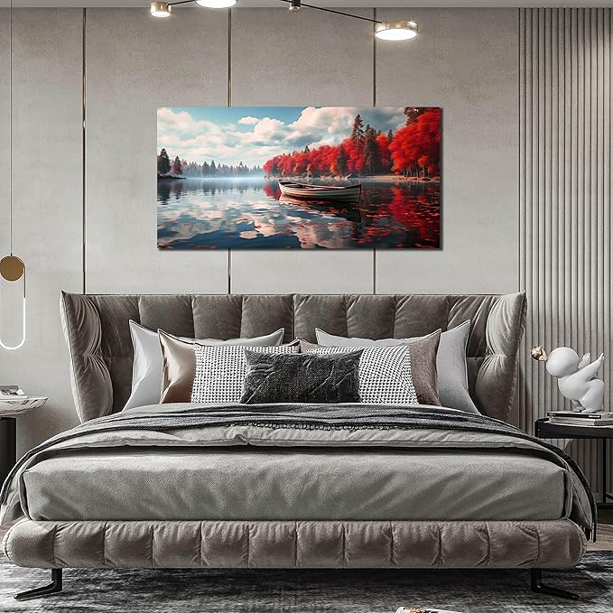 Large Wall Art for Living Room Bedroom Office Red Forest Wall Art Lake Landscape Pictures Modern Artwork Framed Canvas Prints 24x48 Inch