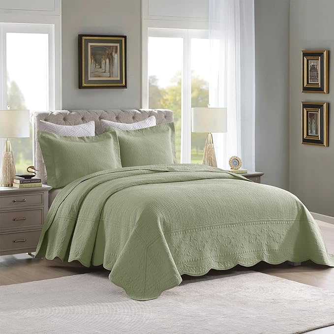 MarCielo 3-Piece 100% Cotton Oversized Bedspread Lightweight Quilt Coverlet Embroidery Farmhouse Bedding Set (TG Pale Green, Oversized King (118"x106"))