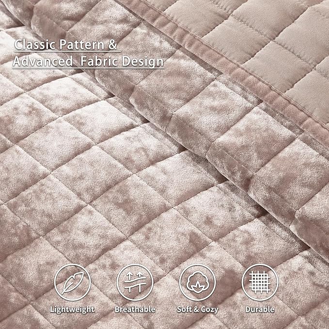 LEAONME Velvet Quilt Oversized California King-120''x120'', Lightweight Dusty Pink Comforter Set with 2 Pillow Shams, Oversized Bedspread Coverlet Quilted Bedding Set for All Season