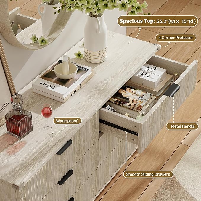 Lulive Wood Dresser for Bedroom with 6 Drawers, 53.2" Long Fluted Modern Chest of Drawers Storage Organizer, Dressers TV Stand for Living Room, Closet, Hallway (White Oak)