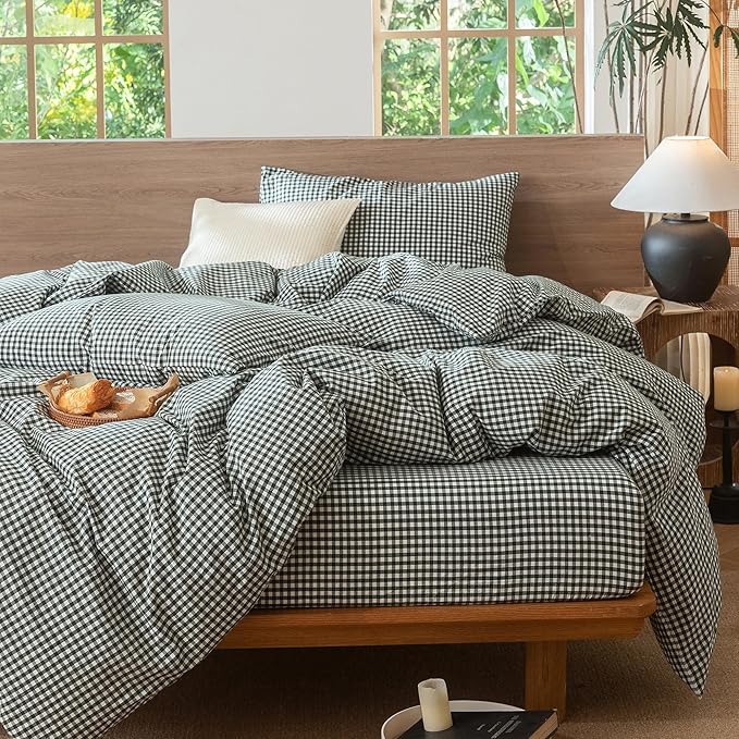 MooMee Gingham Duvet Cover Set 100% Washed Cotton Linen Like Textured Breathable Durable Soft Comfy Modern Checkered Design (Mini Gingham Forest Green, Cal King 104"x98")