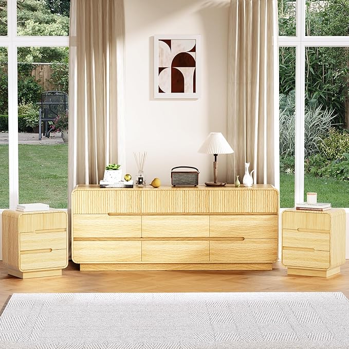 9 Drawer Dresser and 2 Nightstand Sets for Bedroom 3 Pcs Bedroom Set, Modern 57.9" Fluted Dresser with Invisible Handles Nightstand Charging Station, Bedroom Furniture Set for Living Room, Natural