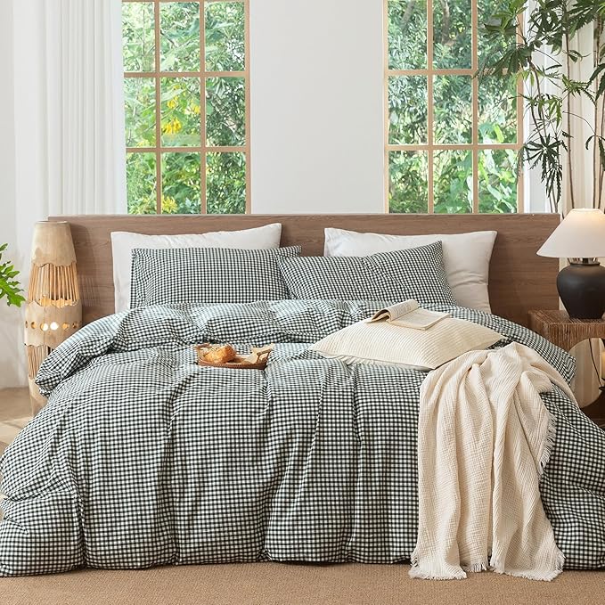 MooMee Gingham Duvet Cover Set 100% Washed Cotton Linen Like Textured Breathable Durable Soft Comfy Modern Checkered Design (Mini Gingham Forest Green, Palatial King/Oversized King 120"x98")