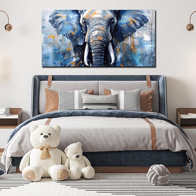 ENTANUB Elephant Wall Art for Living Room, Animal Canvas Print Painting for Bedroom, Blue Picture Decor, Size 59 x 29 Inches
