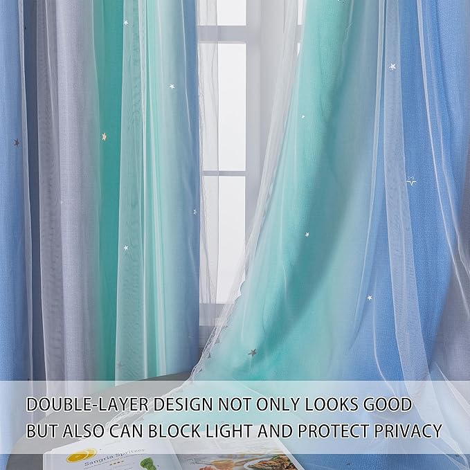XiDi Dream Star Blackout Curtains for Kids Rooms Girl Princess Curtain for Daughter Bedroom Window (Blue Green Grey, W34 X L84)