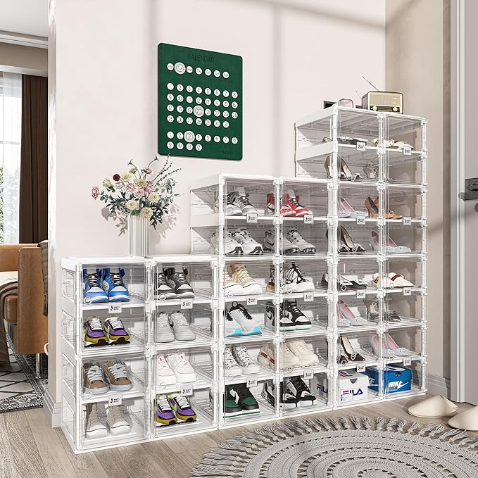 ANTBOX Foldable Shoe Rack,Shoe Organizers for Closet Plastic Shoe Storage Box Space Saving for Entryway, Large Sturdy Stackable Sneaker Cabinet Bins with Magnetic Clear Door 8 Tiers 16 Pairs