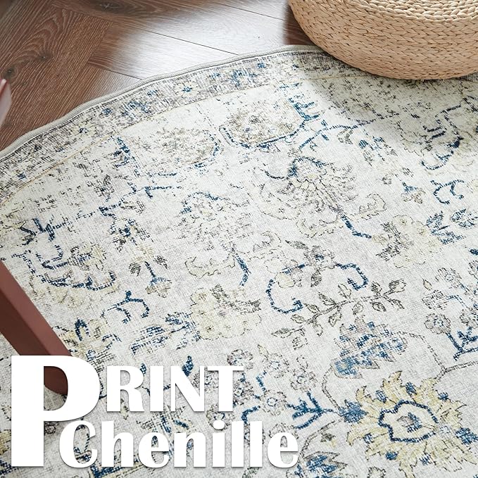 jinchan Kalen Round Rug 6ft Area Rug Washable Vintage Indoor Retro Accent Floor Cover Distressed Floral 6' Round Circle Boho Non Slip Thin Carpet for Living Room Dining Room Bedroom Kitchen Blue