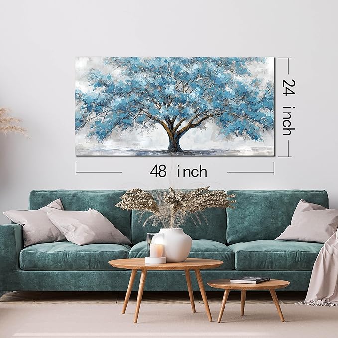 JuhaiArt Teal Wall Decor Tree Wall Art for Living Room Bedroom Home Office White Canvas Picture 24" x 48" modern Prints Art