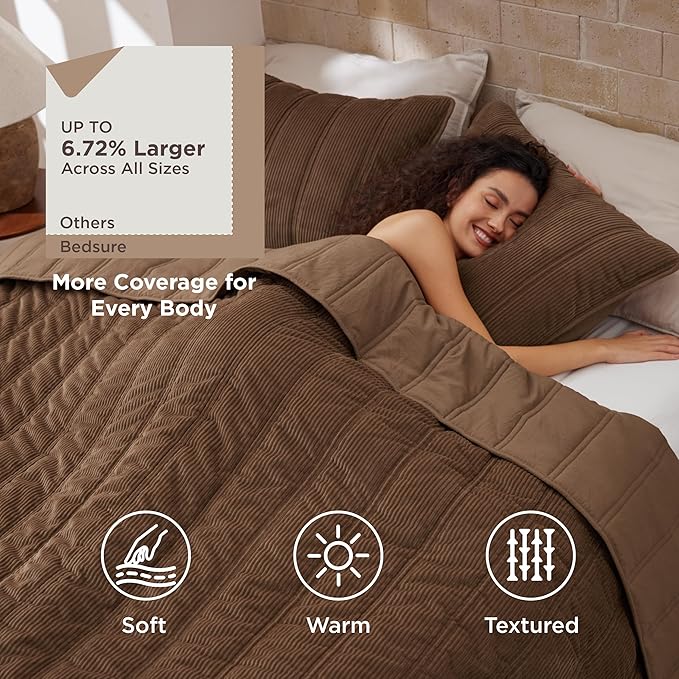 Bedsure Luxury Velvet Quilt Queen Size - Lightweight Velvet Brown Fluffy Comforter Set, Oversized Corduroy Bedspread Coverlet Winter Bedding Set, Pet-Friendly, Tear-Resistant, Ultra-Soft, 90"x96"