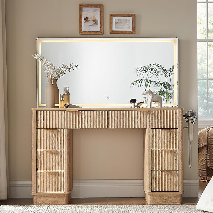 T4TREAM 48" Fluted Makeup Vanity Desk with Large Led Lighted Mirror, Modern Vanity Table with 8 Drawers & Charging Station, Glass Top Dressing Table for Bedroom, Natural Oak