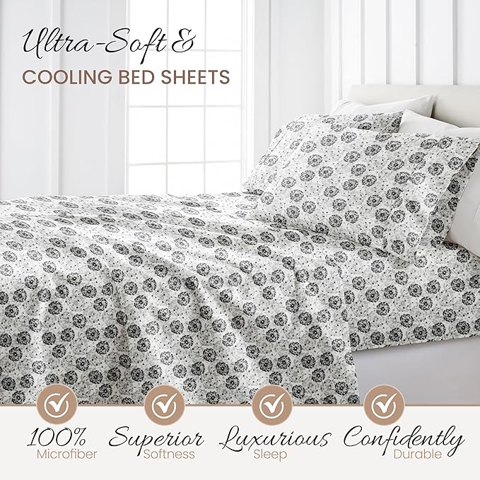Linen Market Double-Brushed Patterned Microfiber Full Sheet Set 4 Piece – Oeko-TEX Certified Ultra Soft & Wrinkle-Free - 16" Deep Pocket Sheets - Easy Care Full Size - Make a Wish Light Gray