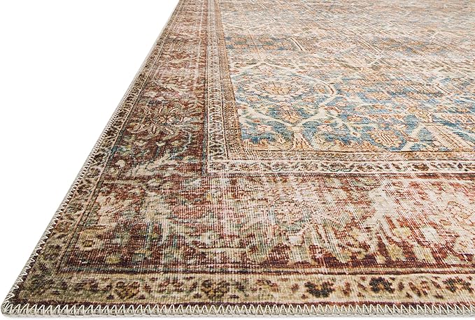 Loloi Layla Collection LAY-04 Ocean/Rust 2'-3" x 3'-9" .13" Thick Accent Rug, Soft, Durable, Vintage Inspired, Distressed, Low Pile, Non-Shedding, Easy Clean, Printed, Living Room Rug