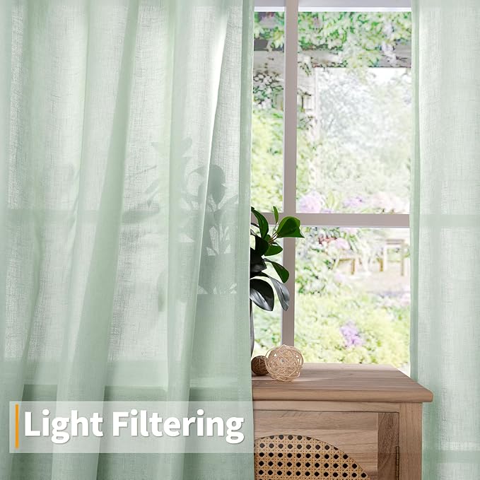 YoungsTex Short Linen Sheer Curtains 54 Inch Length for Window, Light Sage Green Textured Drapes Light Filtering for Bedroom Kitchen Bathroom Lightweight Grommet, 2 Panels, 52 X 54 Inch