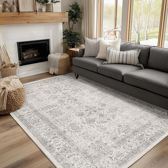 FMFUNCTEX 5x7 Washable Area Rug Grey Neutral Vintage Non Slip Low Pile Traditional Indoor Carpet for Living Room Bedroom Soft Retro Floral Mat Throw Rug for Dining Office Kitchen Dorm Entryway
