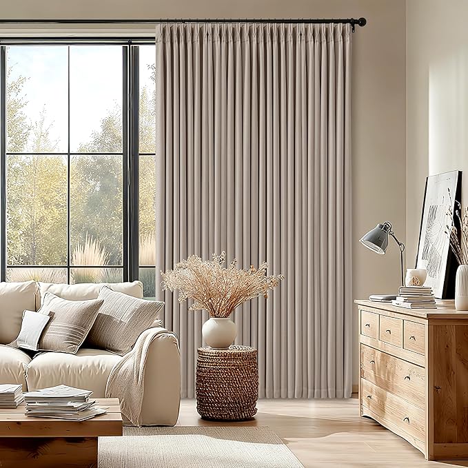 70 Inch Extra Wide Blackout Curtain 90 Inches Long for Living Room Pinch Pleated Thick Linen Thermal Insulated Drapes Back Tab Burlywood Birch 100% Black Out Curtain for Bedroom Large Window 1 Panel