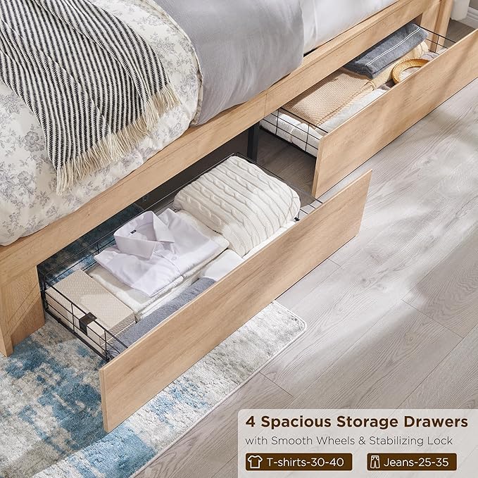 ACCOHOHO Queen Size Bed Frame Modern with 52" Tall Arched Recessed Headboard and 4 Drawers, Solid Wood Slats Support, Wood Platform, Noise Free, No Box Spring Needed, (Natural Oak)