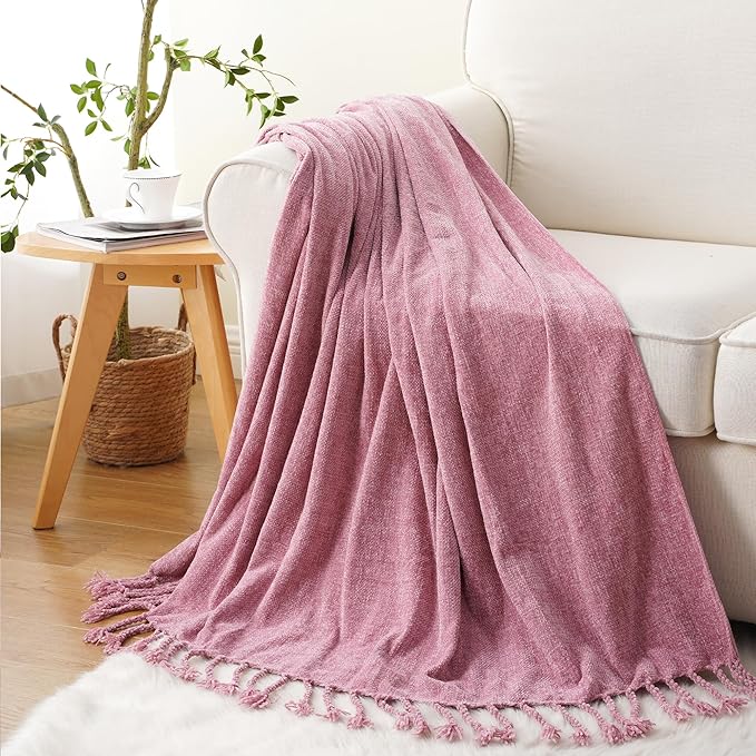 BATTILO HOME Chenille Throw Blanket for Couch, Soft Cozy Throw Blanket with Fringe Tassels, Lightweight Knitted Throw for Spring Summer, Pink, 50"x60"