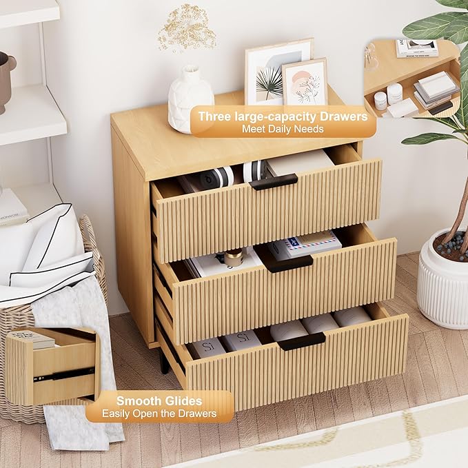 Royal Windsor Fluted Nightstand with 3 Drawers, Side Table End Table, Accent Storage Cabinet,Modern Night Stand Bedside Table for Bedroom,Natural Oak
