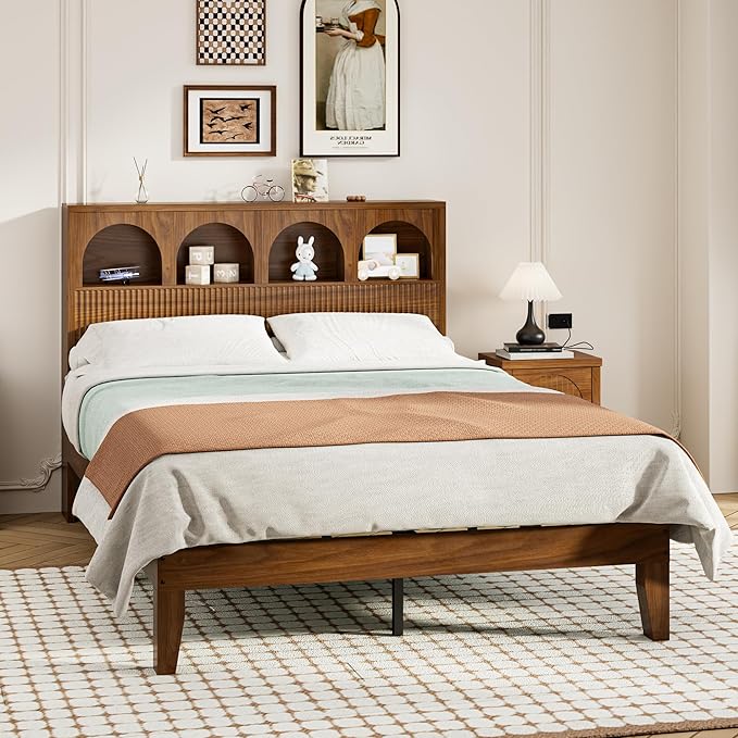 Full Bed Frame with Wave Headboard, Storage Headboard with 4 Arched Storage Compartments, Farmhouse Wooden Full Bed Frame, No Box Spring Needed, No Noise (Full-Walnut)