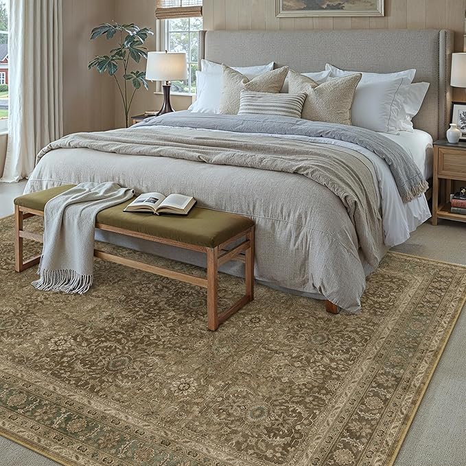 Brown 6x9 Area Rug Washable Vintage Carpet for Living Room Bedroom Large Soft Retro Floral Low Pile Thin Indoor Rug Non Slip Traditional Distressed Floor Cover for Dining Room Office