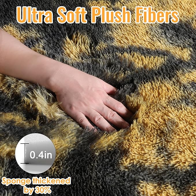 PAGISOFE Black and Yellow Fluffy Shag Area Rugs for Bedroom 5x7, Soft Fuzzy Shaggy Washable Rugs for Living Room, Plush Rug for Kids Room Furry Boys Carpet for Teen Dorm Black Room Decor Dark Yellow