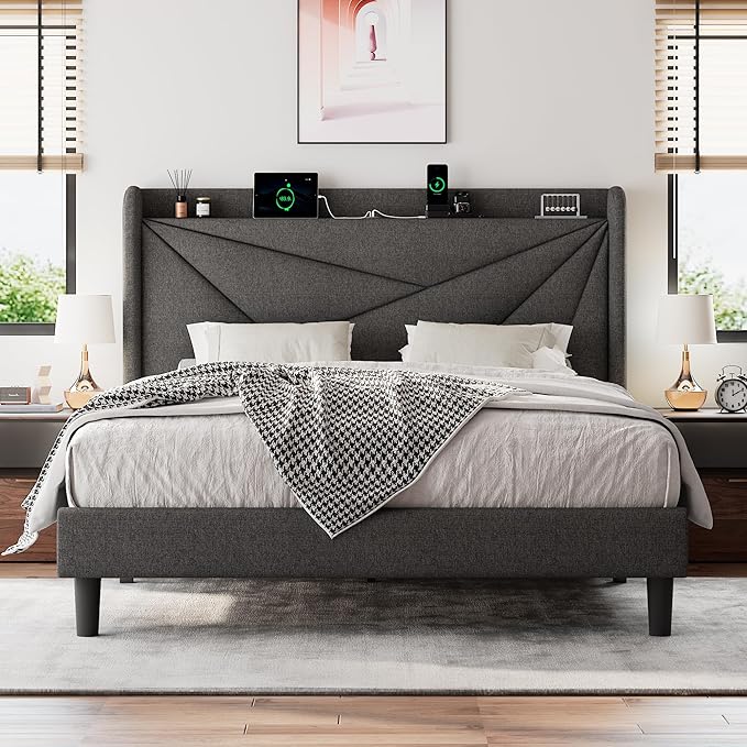 Full Size Upholstered Bed Frame with Charging Station, Platform Bed Frame with Storage Headboard, Solid Wood Slats Support, No Box Spring Needed, Dark Gray