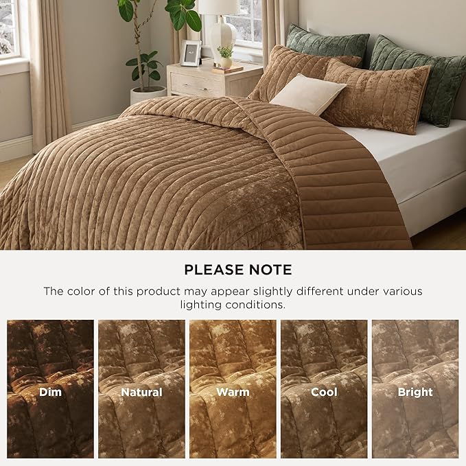 Bedsure Velvet Quilt King Size Set - 108"x96" Lightweight Velvet Comforter King, Oversized Luxury Bedspread Coverlet, Ultra-Soft Winter Bedding Set with 2 Pillow Shams, Caramel Gold