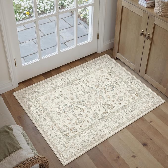 2x3 Taupe Entryway Area Rug Machine Washable Door Mat Kitchen Vintage Distressed Non Slip Carpet Indoor Retro Floral Accent Throw Small Rug for Bathroom Office Bedroom Living Dining Room