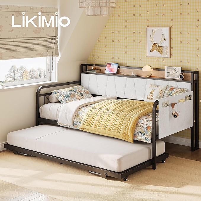 LIKIMIO Daybed with Trundle Bed, Twin Bed Frame with Storage Headboard and Charging Station, Sofa Day Bed with Strong Supports for Living Room, Bedroom, and Guest Room, Cream
