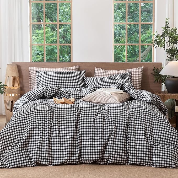 MooMee Gingham Duvet Cover Set 100% Washed Cotton Linen Like Textured Breathable Durable Soft Comfy Modern Checkered Design (Black White Gingham, Queen 90"x90")
